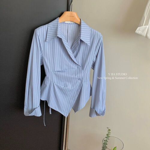 Plus-size designer irregular waist-defined slimming striped shirt—women’s new elegant lapel long-sleeved blouse