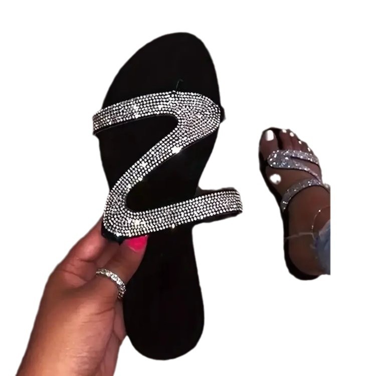 Cross-border 2024 Summer New Foreign Trade Flat Flip-Flops Women, European And American Style Beach Rhinestone Large_vogvips.com