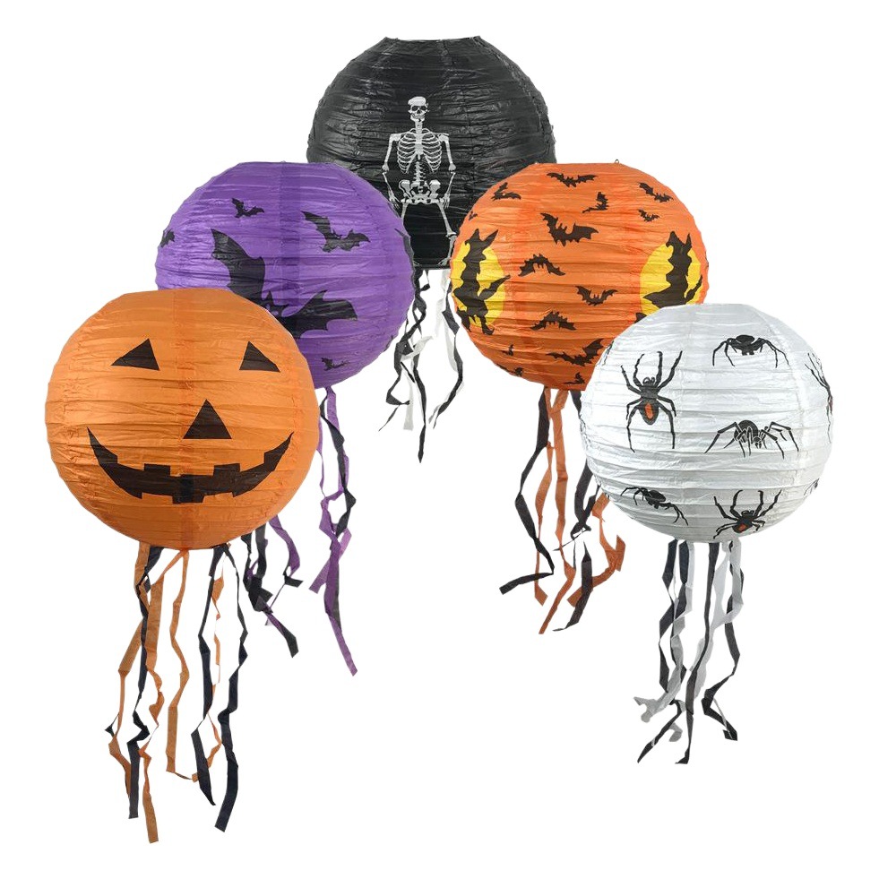 Halloween Paper Lantern Mall Bar Scene Atmosphere Decoration Round Belt Whiskers Folding Pumpkin Spider Ghost Festival Lantern