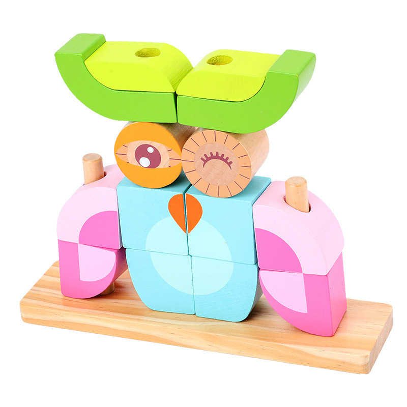 Bloqueo de madera para niños día y noche animal búho león insertado forma cognitiva bloque de construcción juguete granular image 7