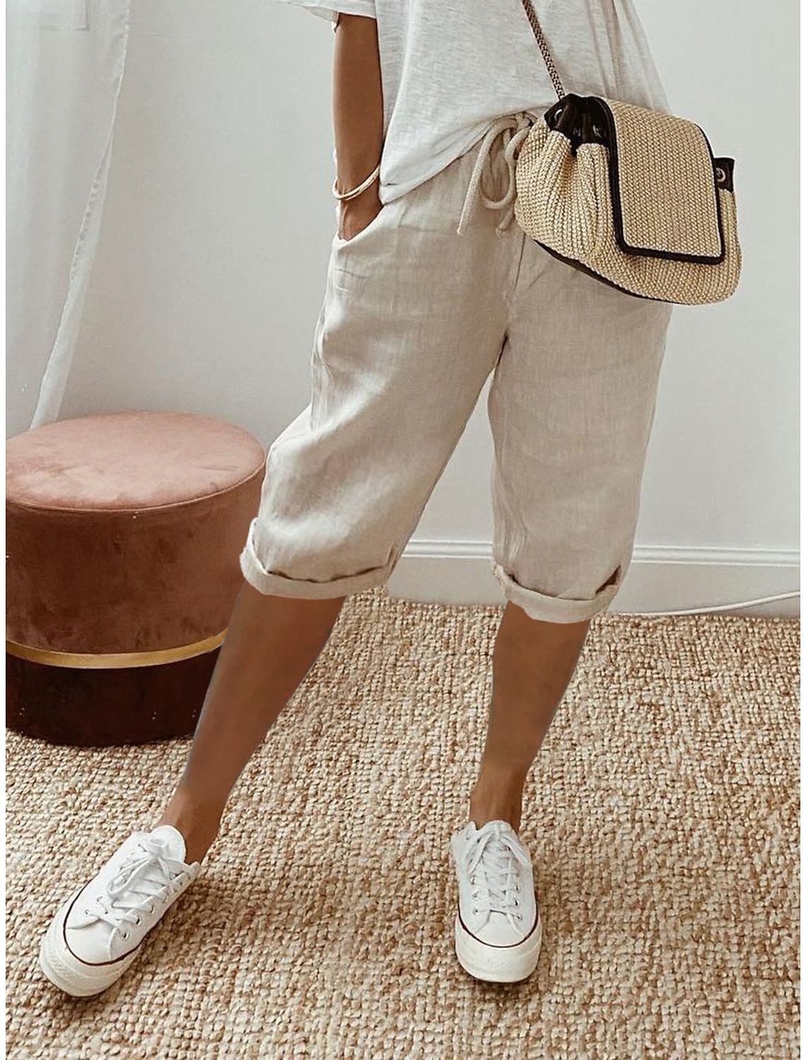 Women's Cotton Linen Casual Pants With Pockets Elastic Waist Five Point Khaki Style_ecoleips.com