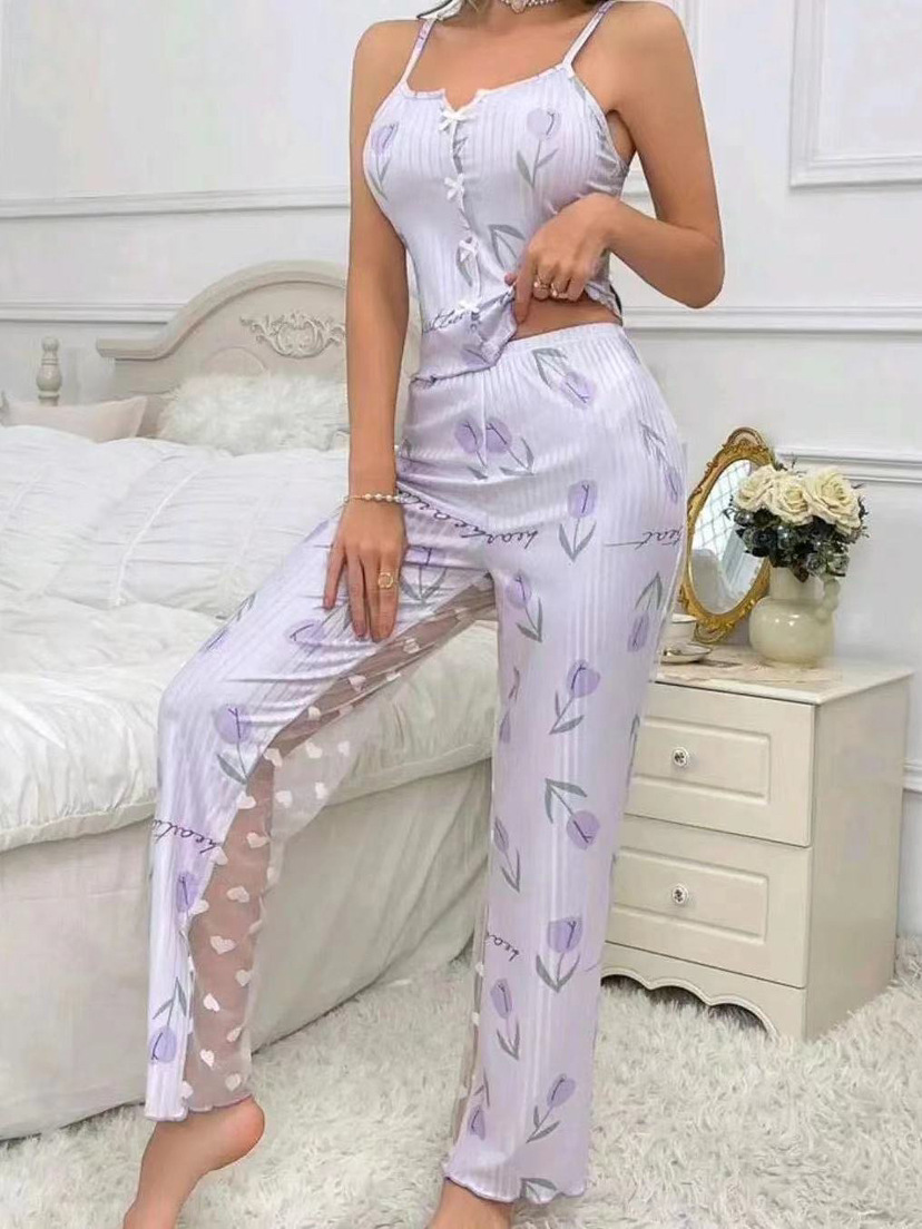 2024 nuevo estilo de impresión para el hogar, malla de costura de color en contraste, ropa para el hogar, traje de pijama de tirantes con aberturas 7001