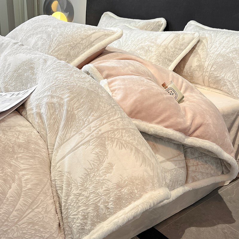 Three-Dimensional Carved Milk Velvet Four-Piece Winter Thickeneded Coral Velvet Bed Bed Sheets Quilt Cover Nantong Fleece-Lined Bedding 4
