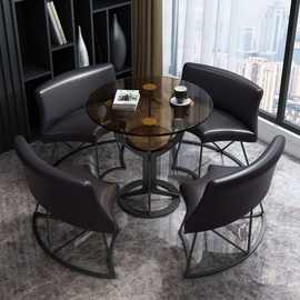 意式桌椅组合一桌四椅玻璃简约双层圆桌网红创意洽谈接待会客餐桌