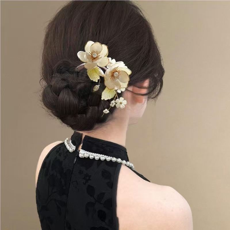新しい中国風のマグノリアの花 U 字型ヘアピン中国風のヘアピンハイエンドのヘアピン頭飾りチャイナドレスアクセサリー|undefined