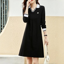 POLO领连衣裙2024秋季新款气质撞色刺绣套头长袖中长款T恤A字裙子