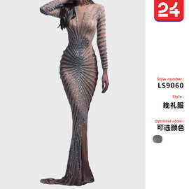2025年跨境春季新款欧美时尚烫钻女装网纱透视长袖开叉长裙连衣裙