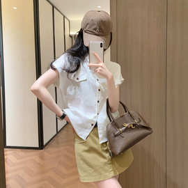 跨境高品质RL拉夫翻领撞色明线短袖衬衫女百搭休闲短款衬衣上衣