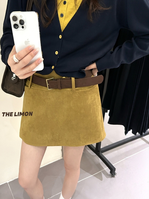 THE LIMON柠檬绿茶秋季简约风复古纯色显瘦短裙半身裙女(配腰带)|undefined