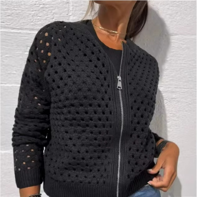 2025 New European and American Cross-Border Women's Casual Hollow-Out Knitted Zipper Jacket 2025 New European and American Cross-Border Women's Casual Hollow-Out Knitted Zipper Jacket