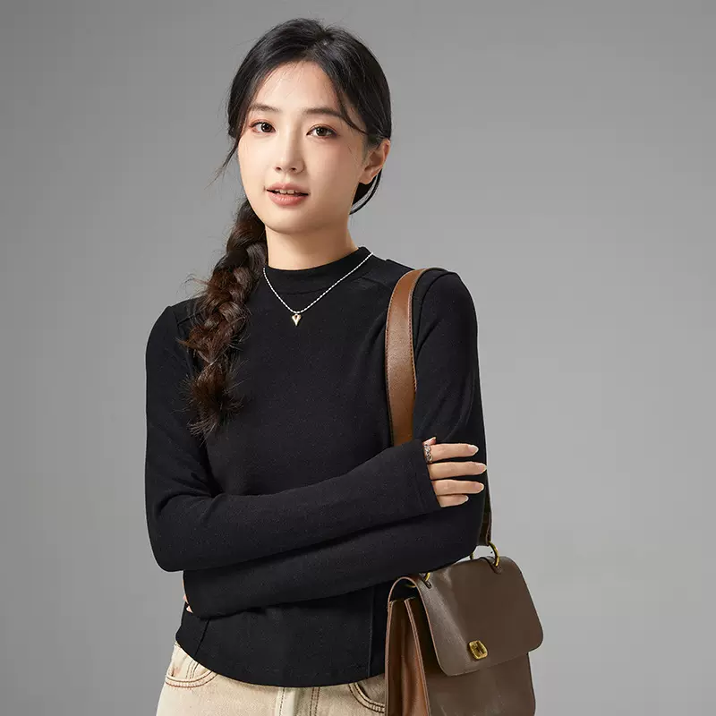 秋冬季新款女装保暖打底衫圆领修身百搭拼接休闲时尚针织衫