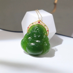 Jin Yu Tang Xinjiang Natural Hetian Jasper Buddha Pendant 18k Heavy Gold Inlaid with Open Face Fine Spinach Green