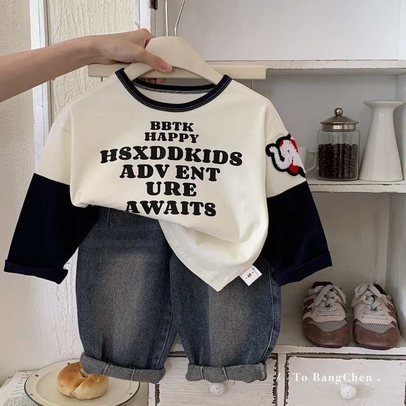 邦誠子供用長袖Tシャツ2025春秋新作韓国風男の子レターデザインフェイクツーピースプルオーバーH0331|undefined