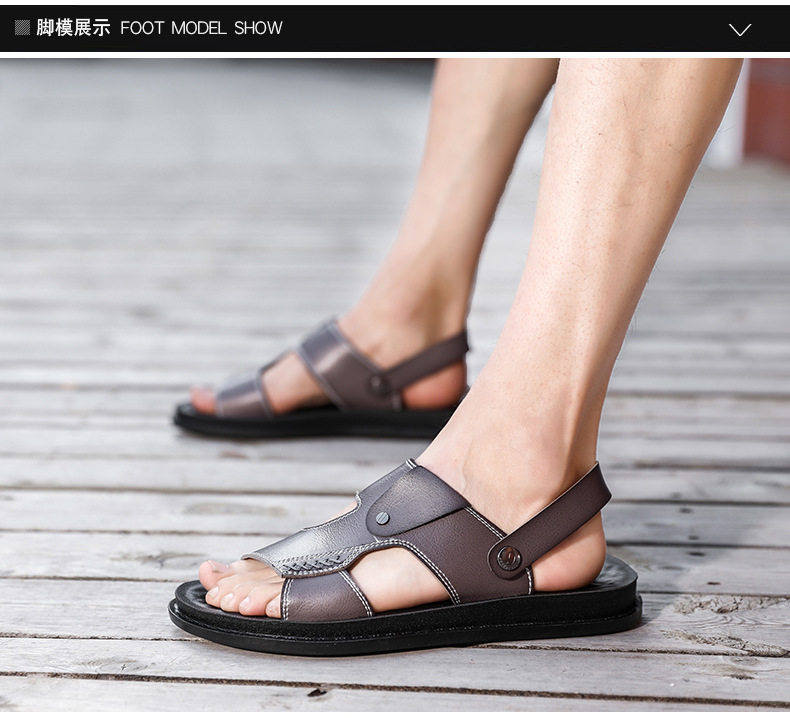 Dép sandal nam quai ngang hở ngón chất liệu da PU chống trơn, size lớn đi ngoài trời — Kaki, Màu xám, Đen toàn bộ, Đỏ rượu chi tiết 8