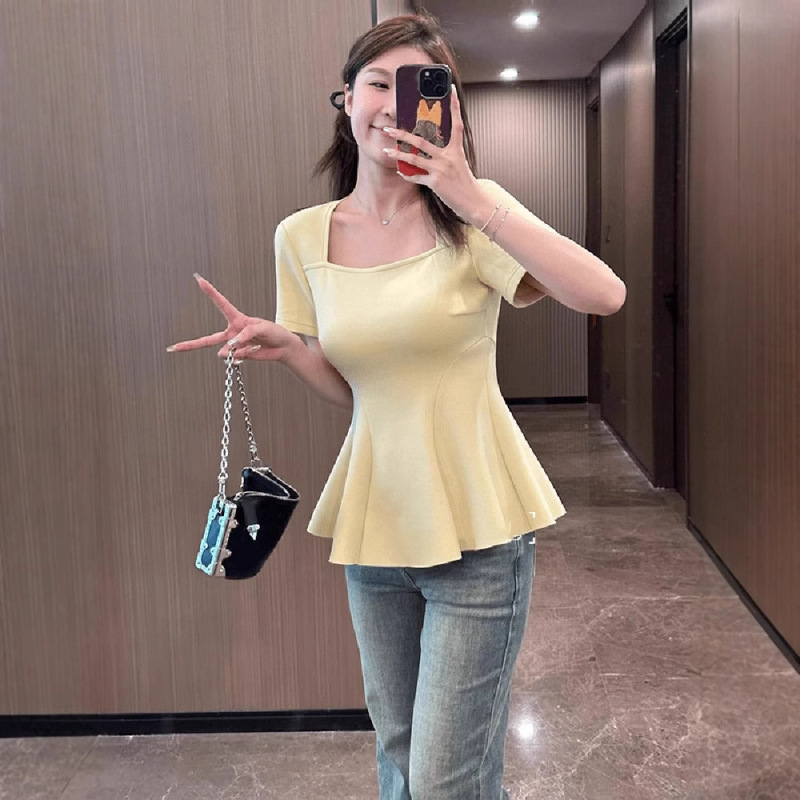 120kg 大きいサイズスクエアネックショルダー半袖 Tシャツ女性の夏の太った mm お腹カバー痩身フリルトップフィッシュテールスカート|undefined