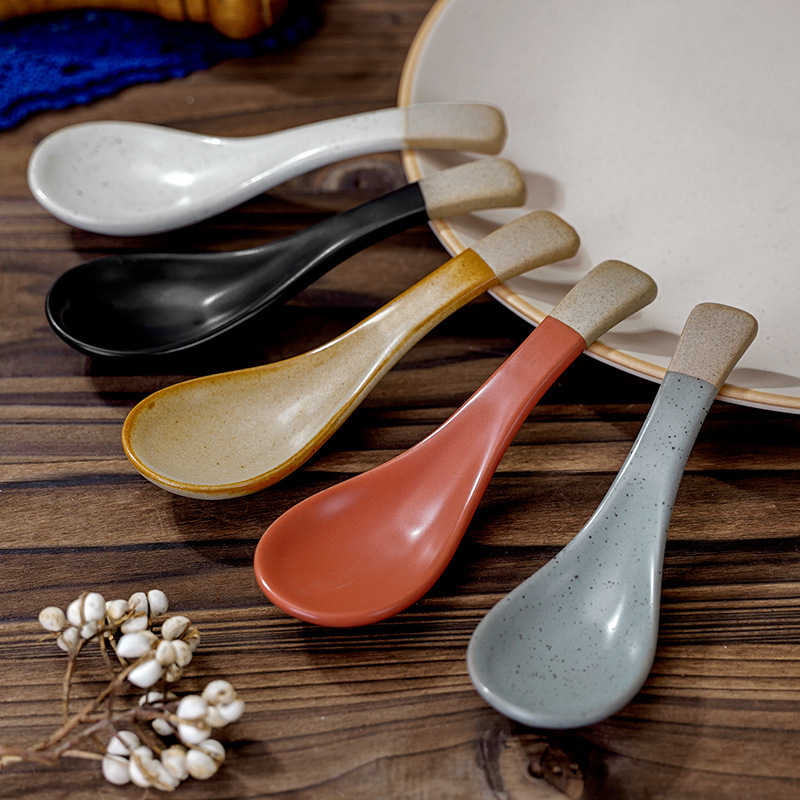 Retro Style Long-Handled Ceramic Spoon Household Practical Rice Spoon Soup Spoon Stoneware Kiln-Turned Colorful Small Spoon Tableware