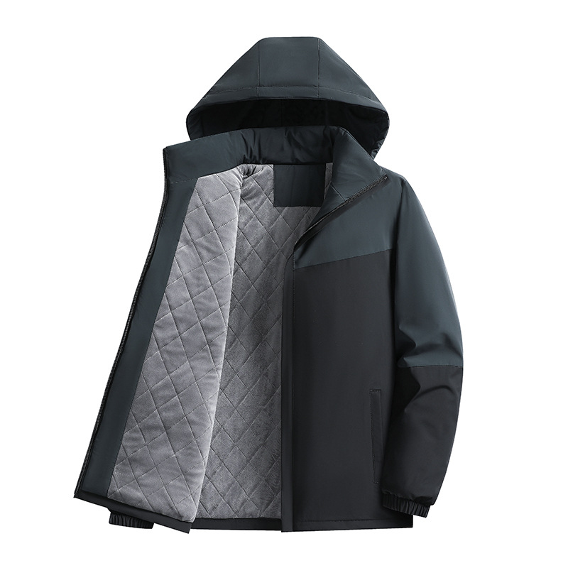 Men's fleece-lined cotton jacket, winter hooded color-blocked windbreaker, thickened warm workwear coat, middle-aged sports cotton jacket