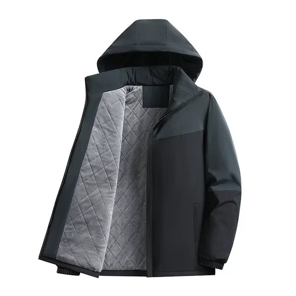 Men's fleece-lined cotton jacket, winter hooded color-blocked windbreaker, thickened warm workwear coat, middle-aged sports cotton jacket