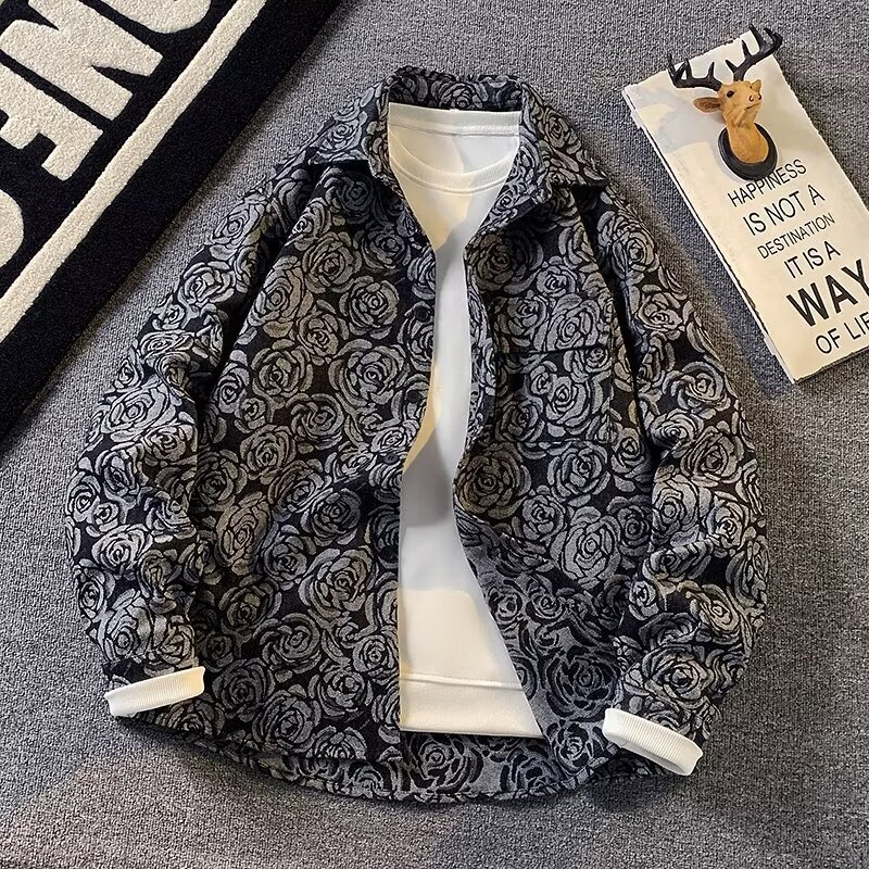 American Retro Rose Jacquard Jacket Spring and Autum Men's Cardigan Large Size Loose Casual Long-Sleeved Shirt Jacket Trendy American Retro Rose Jacquard Jacket Spring and Autum Men's Cardigan Large Size Loose Casual Long-Sleeved Shirt Jacket Trendy