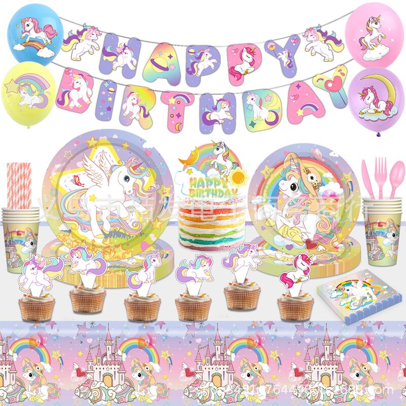 New Rainbow Unicorn Theme Birthday Party Decorative Supplies Tableware Paper Cup Paper Tray Tissue Banner suit
