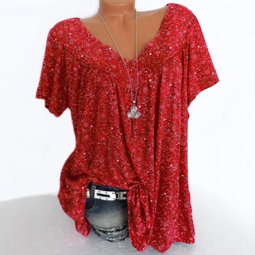 New cross-border European and American women's clothing 2019 summer wish Amazon ebay popular V-neck loose short sleeve printed T-shirt