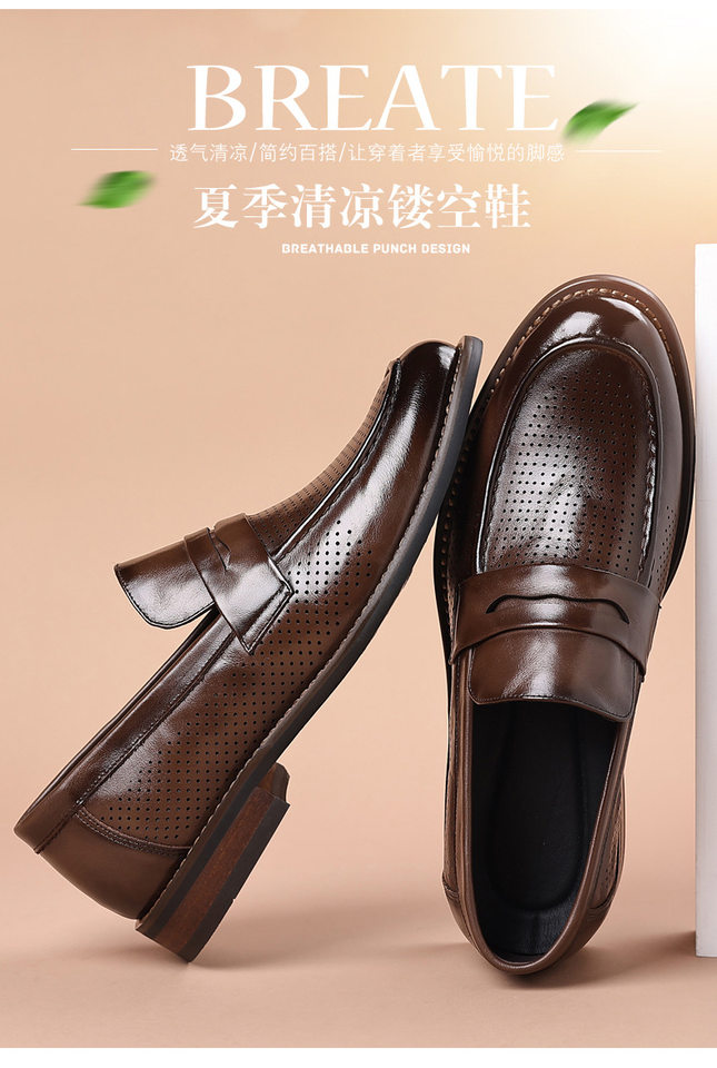 Sandal nam da bò lớp đầu khoét lỗ thoáng khí, đế bằng gỗ tự nhiên, kiểu lười — Sandal màu nâu, Sandal đen chi tiết 2