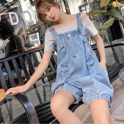 Denim shorts strap 2022 summer new pattern Korean Edition Easy Conjoined suit Large Broad leg Paige Suspenders