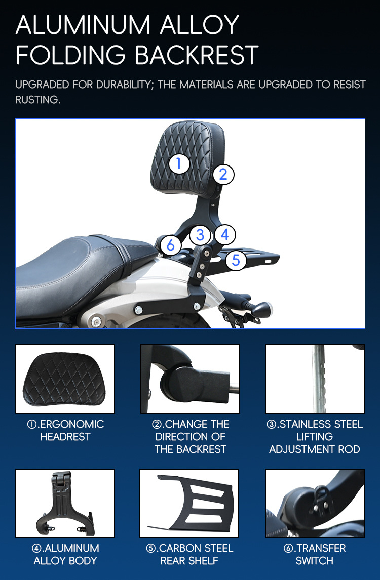 Motorcycle folding backrest for Graystone 250CVT, Jinjila 350, Flash 250V, Wuyiji CU625, Chunfeng CLC modification