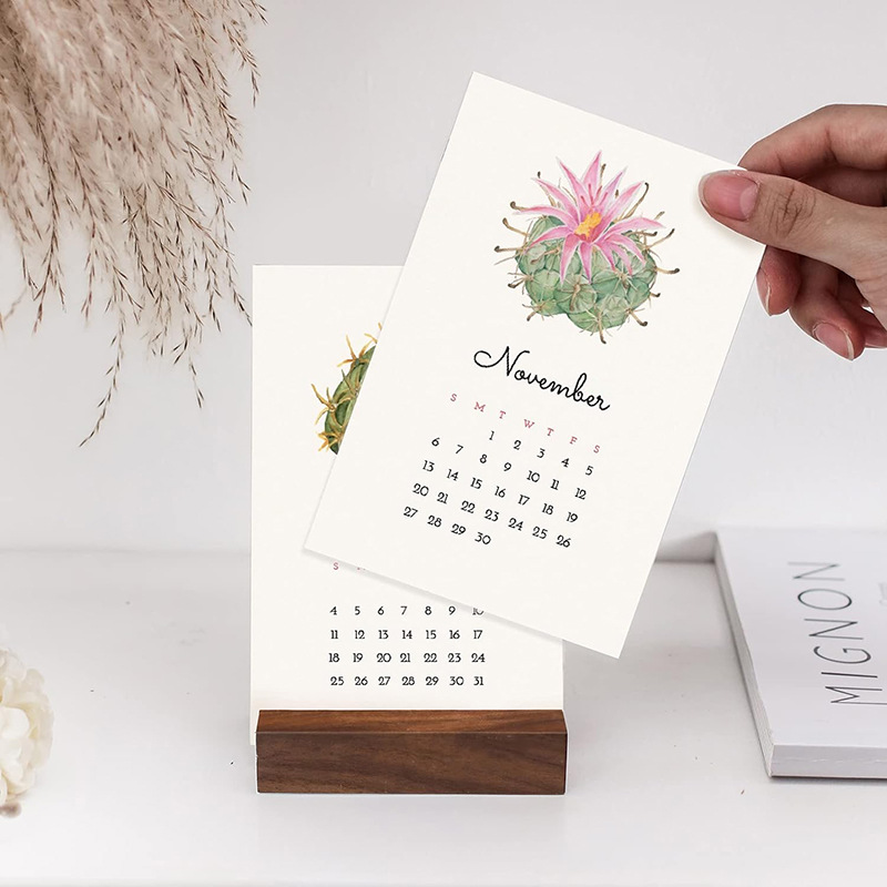 Calendario de mesa de madera 2024 Calendario de nogal negro Base de calendario de escritorio Notas de escritorio Tarjeta de visita Base de madera