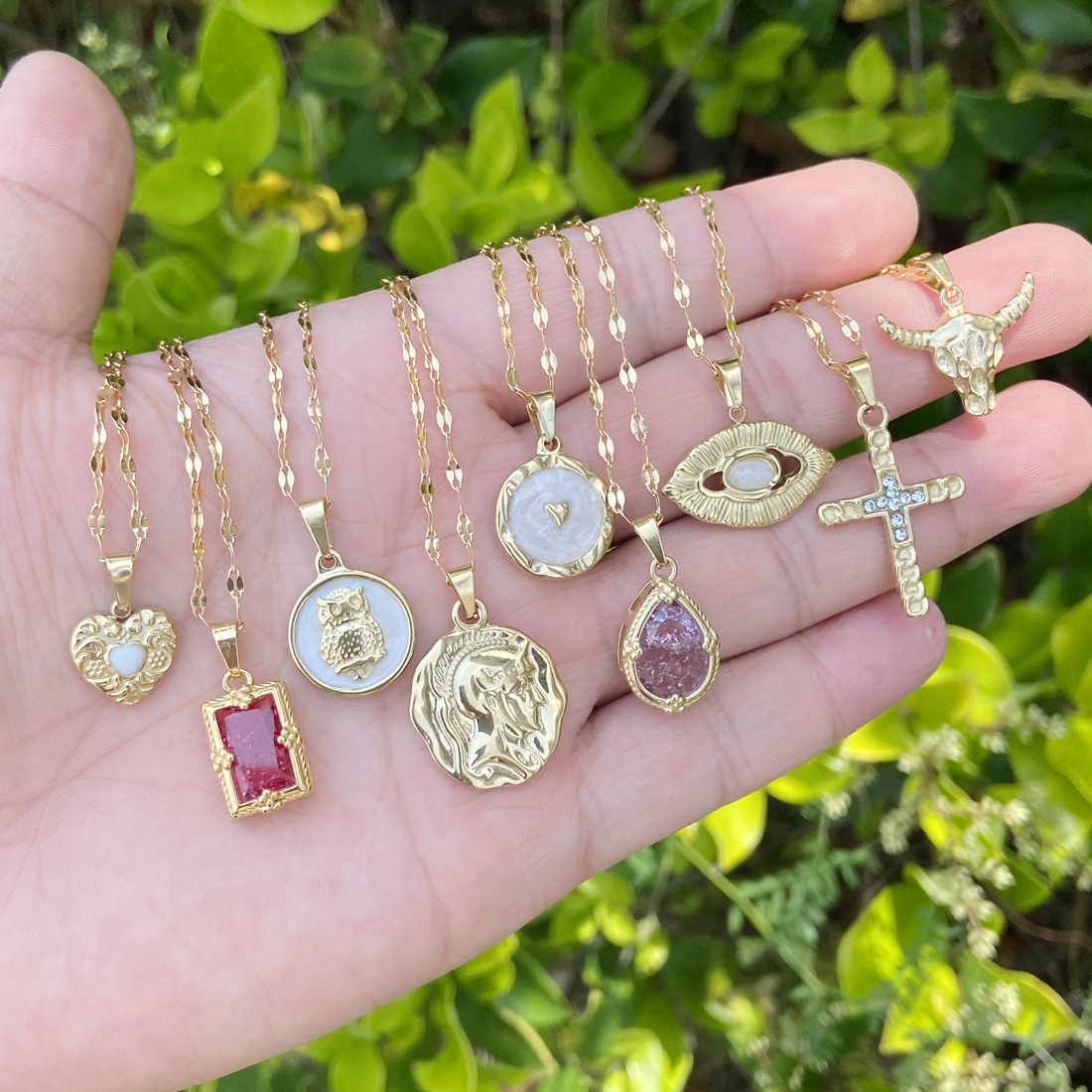 Fashion Cross Water Droplets Heart Shape Stainless Steel Inlay Artificial Gemstones Pendant Necklace