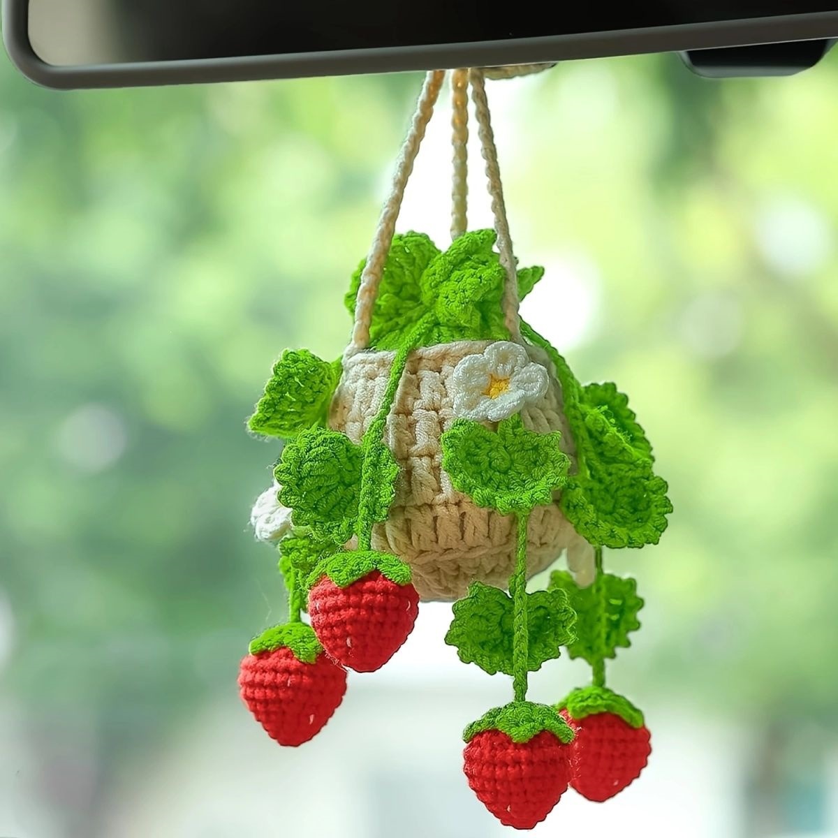Finished Product: Creative Car Hanging Ornament, Strawberry Hanging Plant Ornament, Handmade Rearview Mirror Decoration, Car Interior Accessories