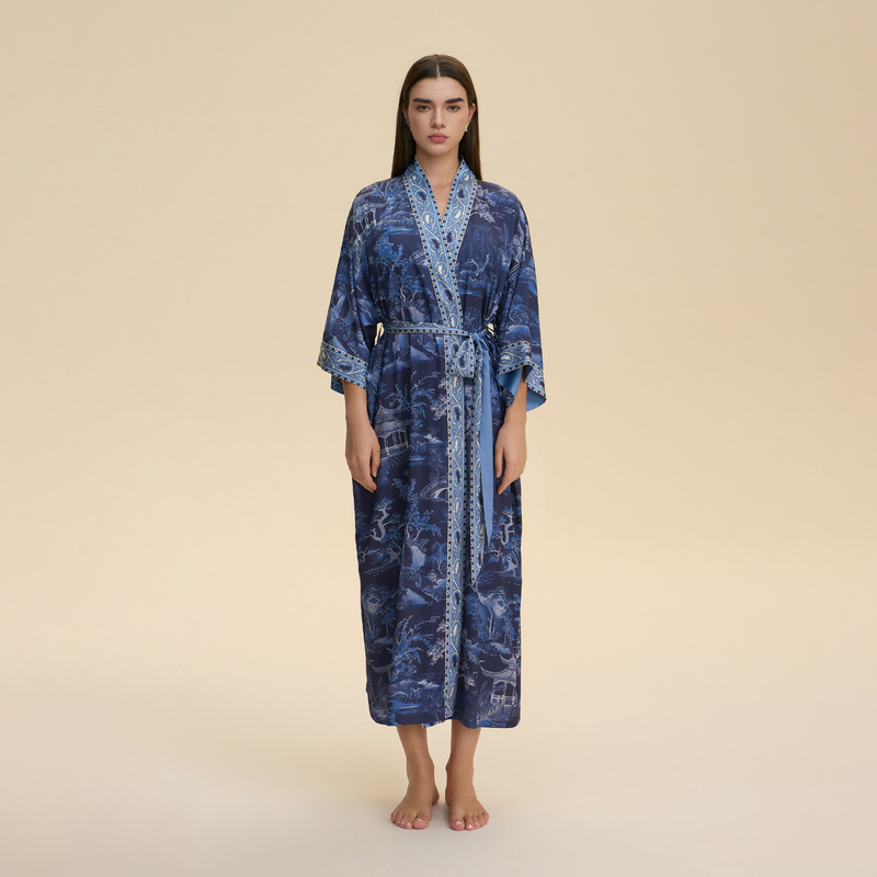 European and American Cross-Border Women's Long-Sleeved, Long, Loose and Comfortable Kimono-Style Pajamas, Women's Printed Home Wear Bathrobe