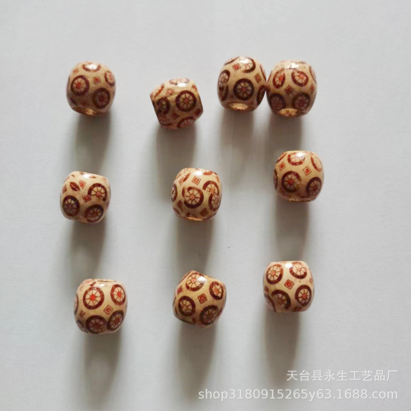アクセサリー部品卸売り17mm大穴木珠復古プリントビーズ黒車輪太陽花混色散珠|undefined