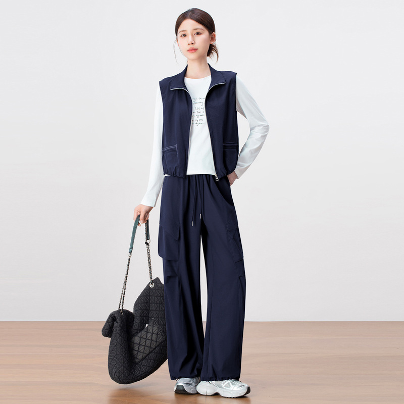 时尚休闲套装女2025新款秋季短款马甲外套打底衫工装阔腿裤三件套|undefined
