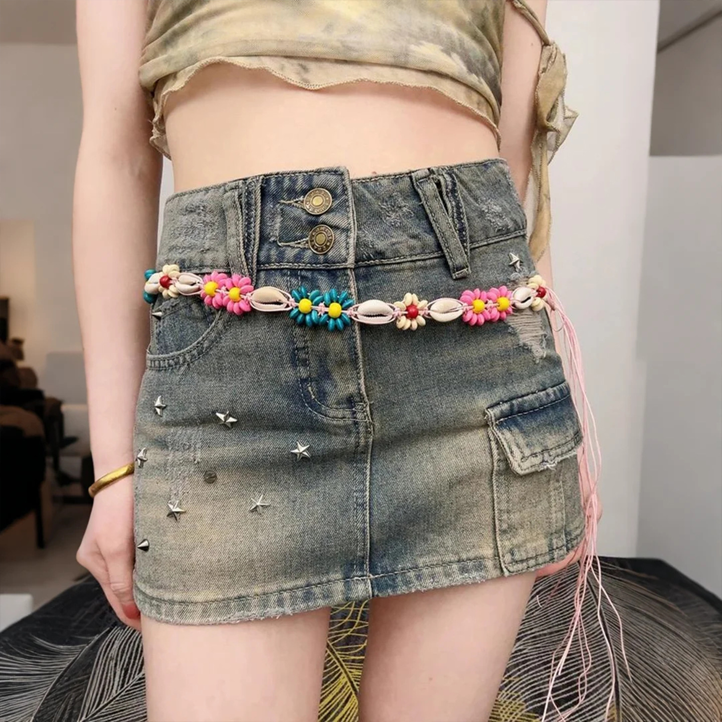 Bohemian Retro Ethnic Style Waist Chain for Women, High-End Woven Belt, Ancient Style Beaded Waist Rope, Skirt Accessories