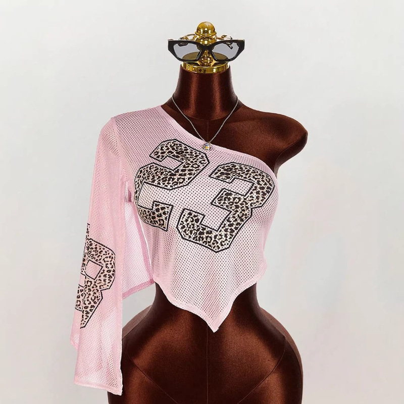European and American Cross-Border Cool Leopard Print Size 23 Women's Sexy Pink Summer Irregular Breathable One-Shoulder Long-Sleeve T-Shirt Wholesale European and American Cross-Border Cool Leopard Print Size 23 Women's Sexy Pink Summer Irregular Breathable One-Shoulder Long-Sleeve T-Shirt Wholesale