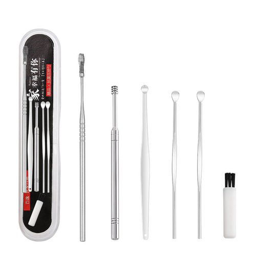 Stainless steel ear cleaning set of 6, including ear spoons, ear picks, ear scrapers, double-headed spiral spring adult ear spoons, ear cleaning tools
