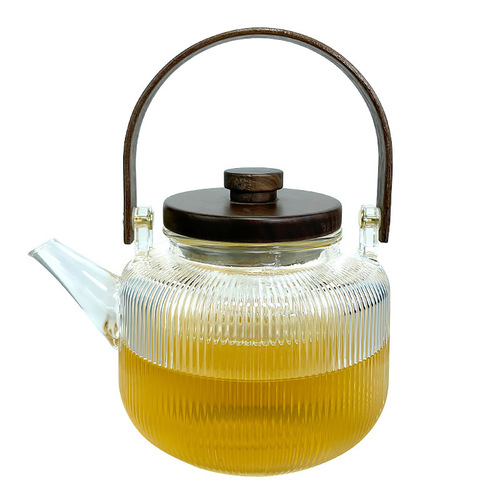 High temperature resistant flower teapot set fruit boiling teapot household steaming integrated wooden handle glass vertical pattern teapot