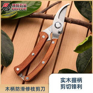 Rebound Strong Branch Scissors Wooden Handle Non-Slip Thick Branch Gardening Flower Branch Fruit Picking Scissors Carbon Steel Sharp Grafting Scissors