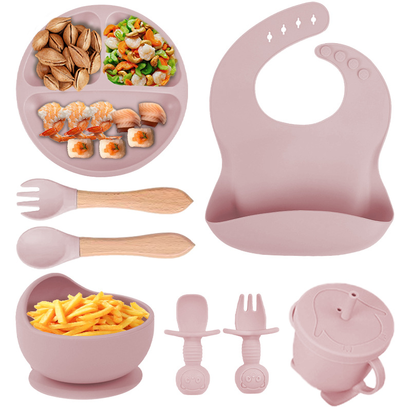 Polvo de raíz de loto juego de ocho piezas (630g) babero pequeño ventosa tazón taza de paja cuchara tenedor de oso cuchara tenedor de madera