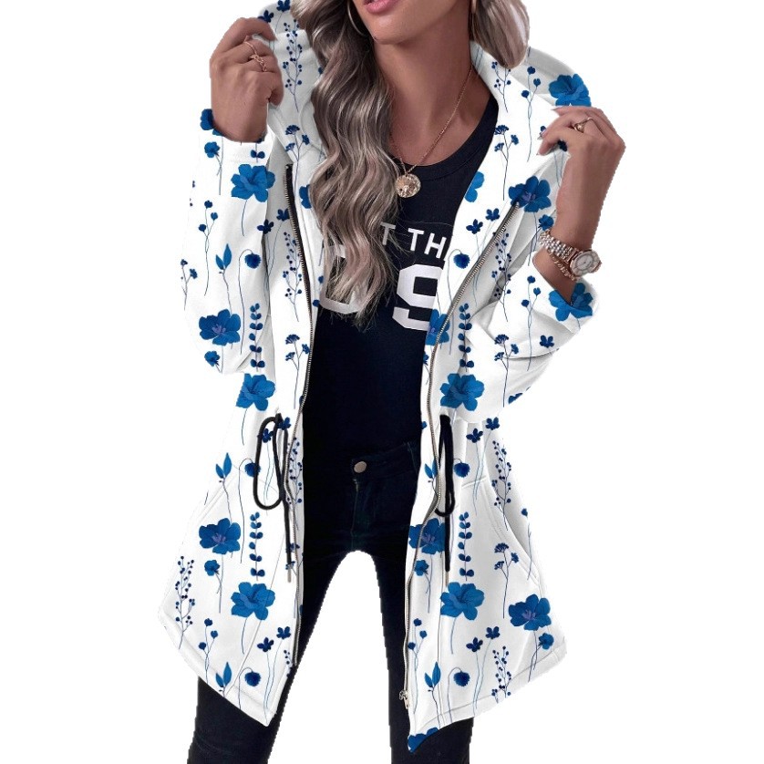 Women's Mid-Length Zippered Hoodie With Printed Long Sleeves And Hood_ecoleips.com