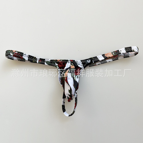 Factory UQQMQQ High-Elastic Ice Silk Printed Men's T-Strap Briefs Sexy Underwear Cross-Border T-Pants 9501