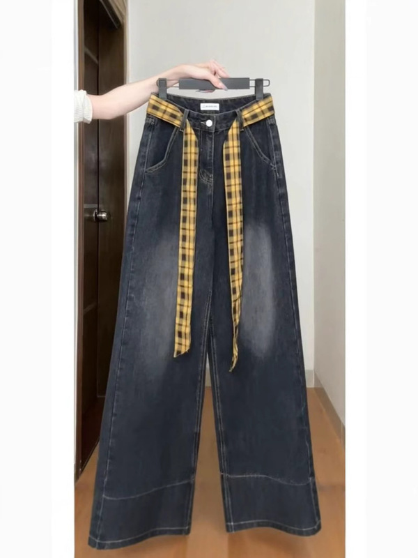 美式复古灰色格子拼接阔腿牛仔裤春夏季设计感高腰宽松直筒拖地|undefined