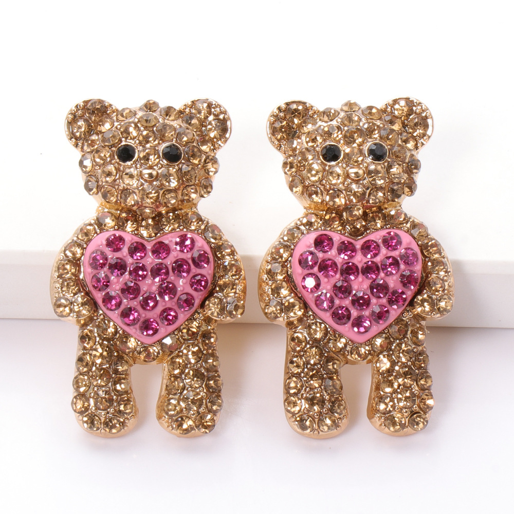 Korea Heart-shaped Bear Rhinestone Alloy Earrings Wholesale display picture 3
