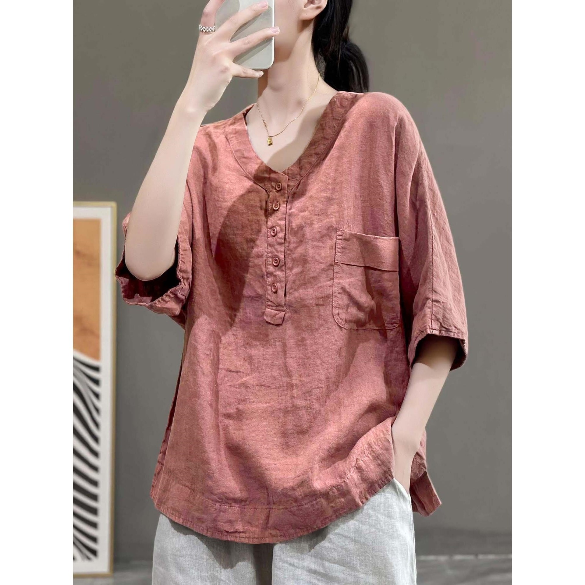 여성용 여름 얇은 브이넥 반팔 티셔츠, 솔리드 컬러, 레트로, 다용도, 캐주얼, 루즈, 살을 커버하는 면 및 린넨 풀오버 탑