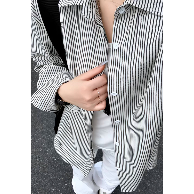 Camicia a maniche lunghe a righe stile retrò americano da uomo, nuova camicia casual ampia di tendenza per primavera e autunno, top hip-hop_voghion.com