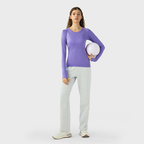 Cross-border new women's long-sleeved round neck sports T-shirt, fashionable running fitness top, slim and breathable yoga long-sleeved