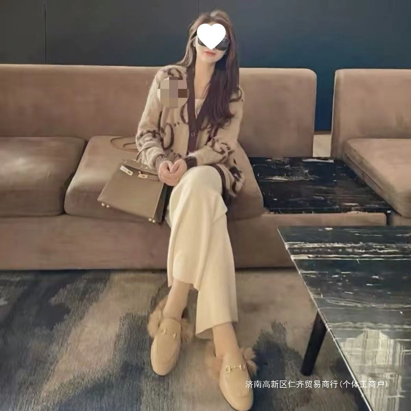gg Spring and Autumn New Style Mohair Loose Fit High-Quality Cardigan Sweater for Women, Light Brown