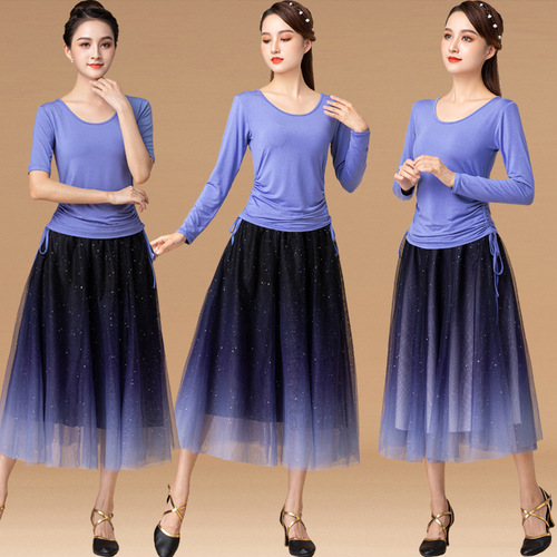 New square dance outfit set summer short-sleeve top starry sky gradient mesh half skirt performance dancewear for women