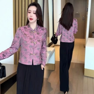 新中式时尚套装女2026春季新款洋气显瘦盘扣衬衫上衣阔腿裤两件套